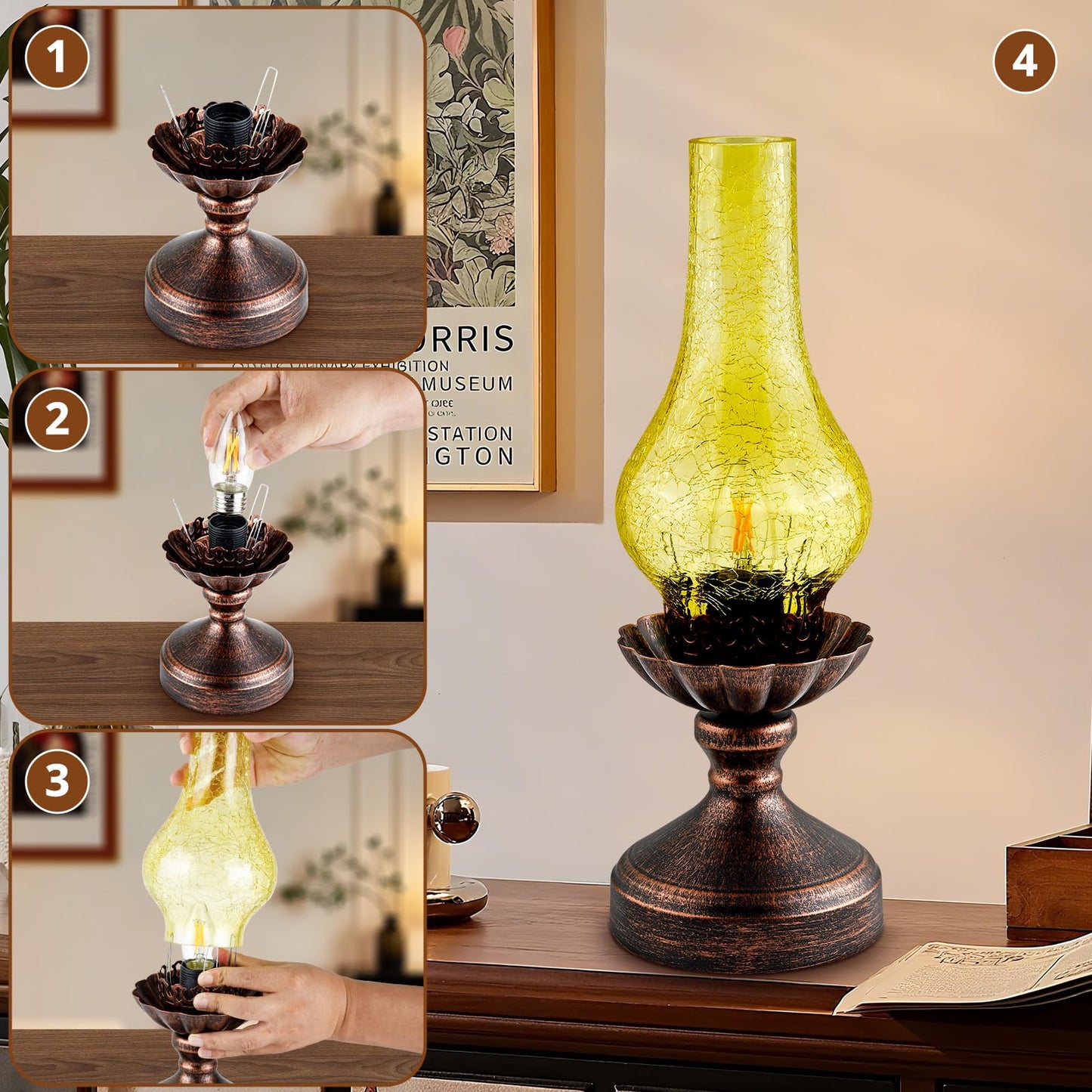 LEDIKON Vintage Table Lamp,Touch Control & 3-Way Dimmable Rustic Retro Farmhouse Bedside Lamp with Amber Glass Shade and LED Bulb for Bedroom, Living Room, Cabin, Office
