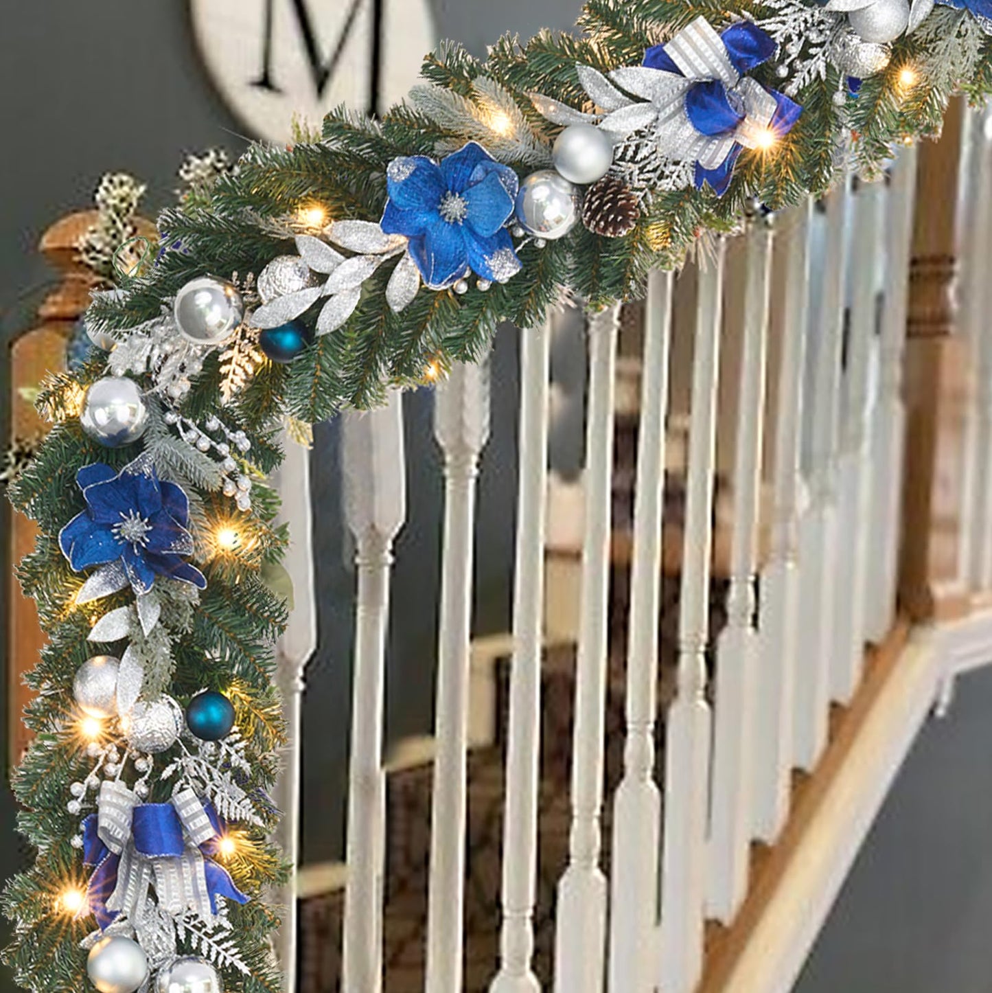 6ft Blue Silver Christmas Garland with Lights for Front Door,Lighted Winter Mantle,Fireplace and Stairs Decor- 20 Timer LED,prelit Magnolia Garland with Sparkle Ornament,Blue Floral Decor