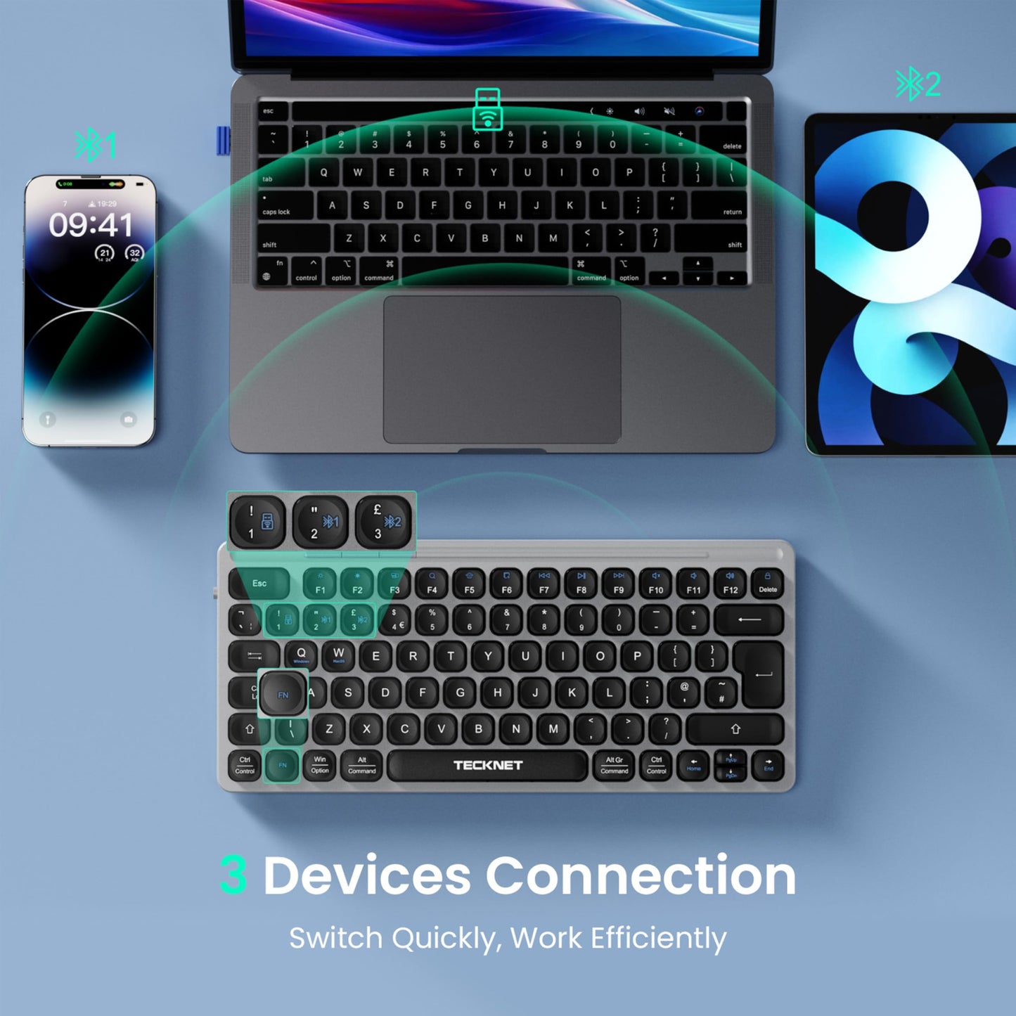 TECKNET Bluetooth Wireless Keyboard - Small Compact Rechargeable 2.4GHz USB Keyboard with 500mAh Battery Capacity for 3 Devices, Widely Compatible with Laptop, PC, UK Layout, Grey