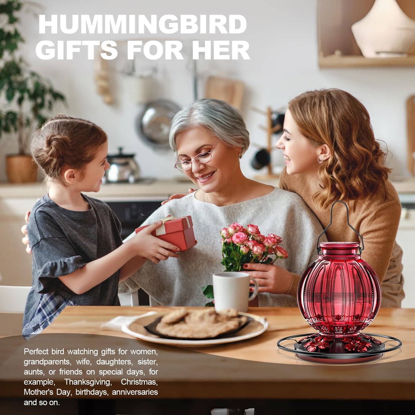 Glass Hummingbird Feeder for Outdoors Hanging, 26Oz Bird Nectar Feeder with Perch & 5 Flower Feeding Ports, Leak Proof for Outside Garden Decor Backyard, Gifts for Women Mom, Red