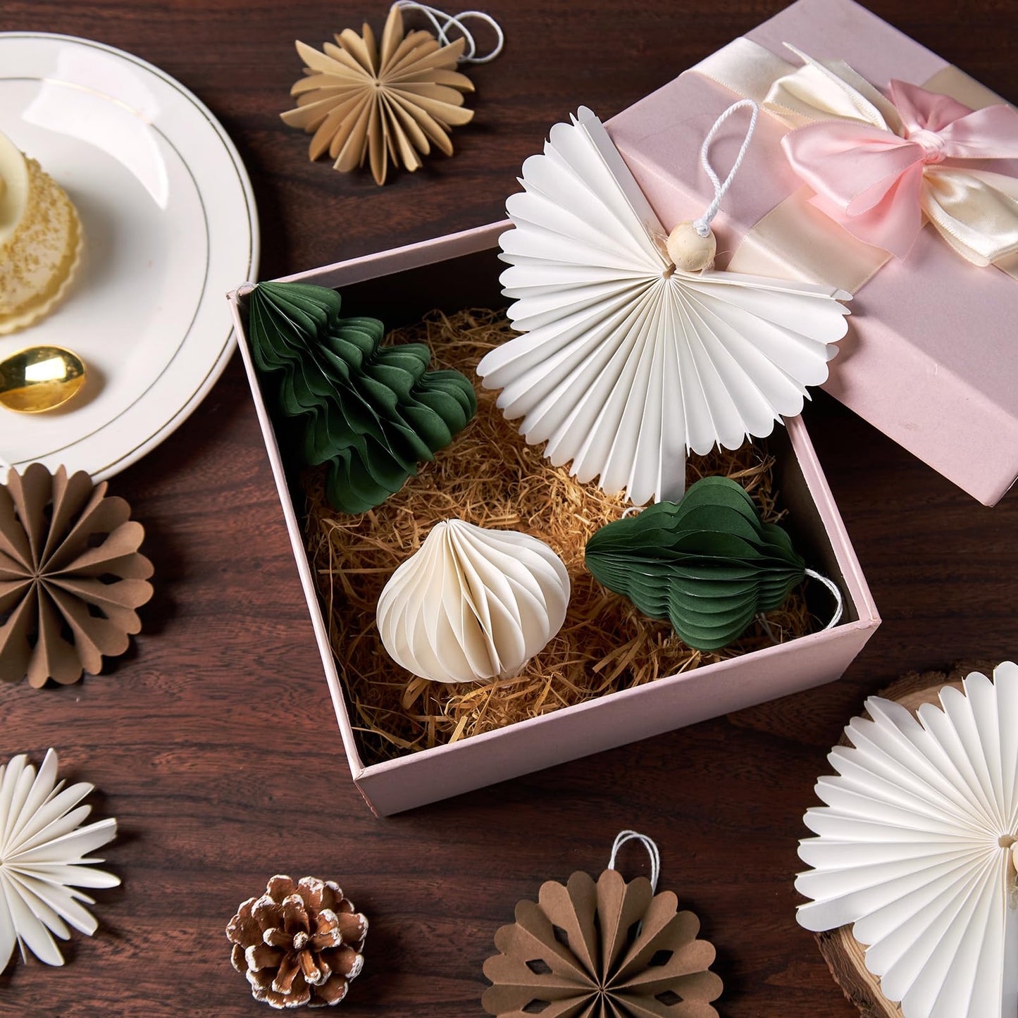 OBBOLO 9 Pcs Mini Paper Christmas Hanging Ornaments, Handcrafted with Carstock, White, Sage Green and Brown Decorative Paper Christmas Tree Ornament, for Xmas Holiday Party Home Tree Decor