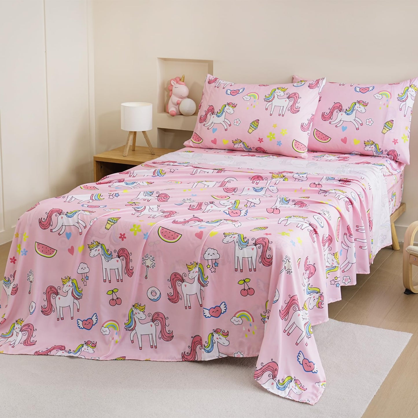 Yibeizi Pink Unicorn Sheet Set for Girls Full, Kids Rainbow Sweet Print Bedsheets Microfiber Deep Pocket Cute Patterned Bed Sheet & Pillowcase Sets 4 Pieces