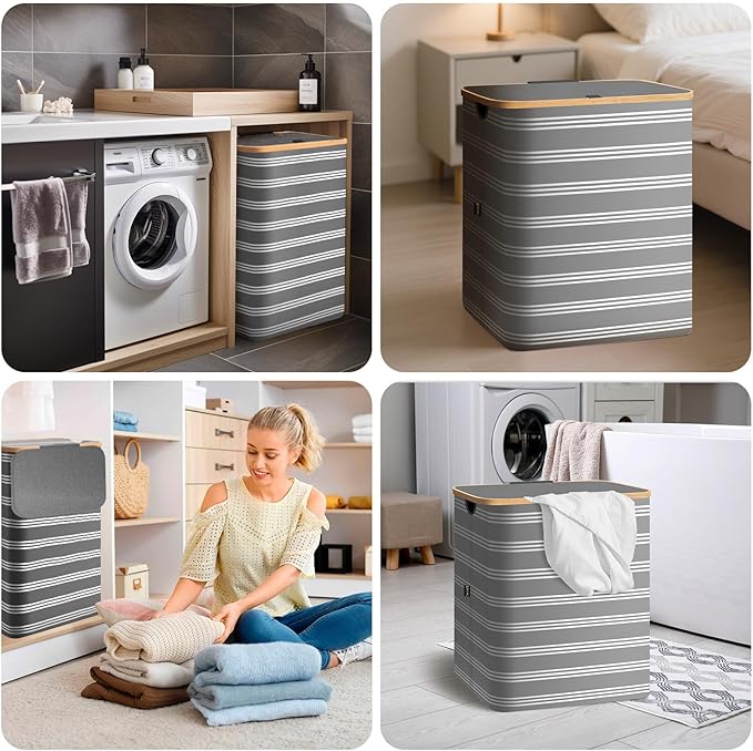 BALEINE Laundry Hamper with Lid, Tall Laundry Baskets with Bamboo Pull Handles
