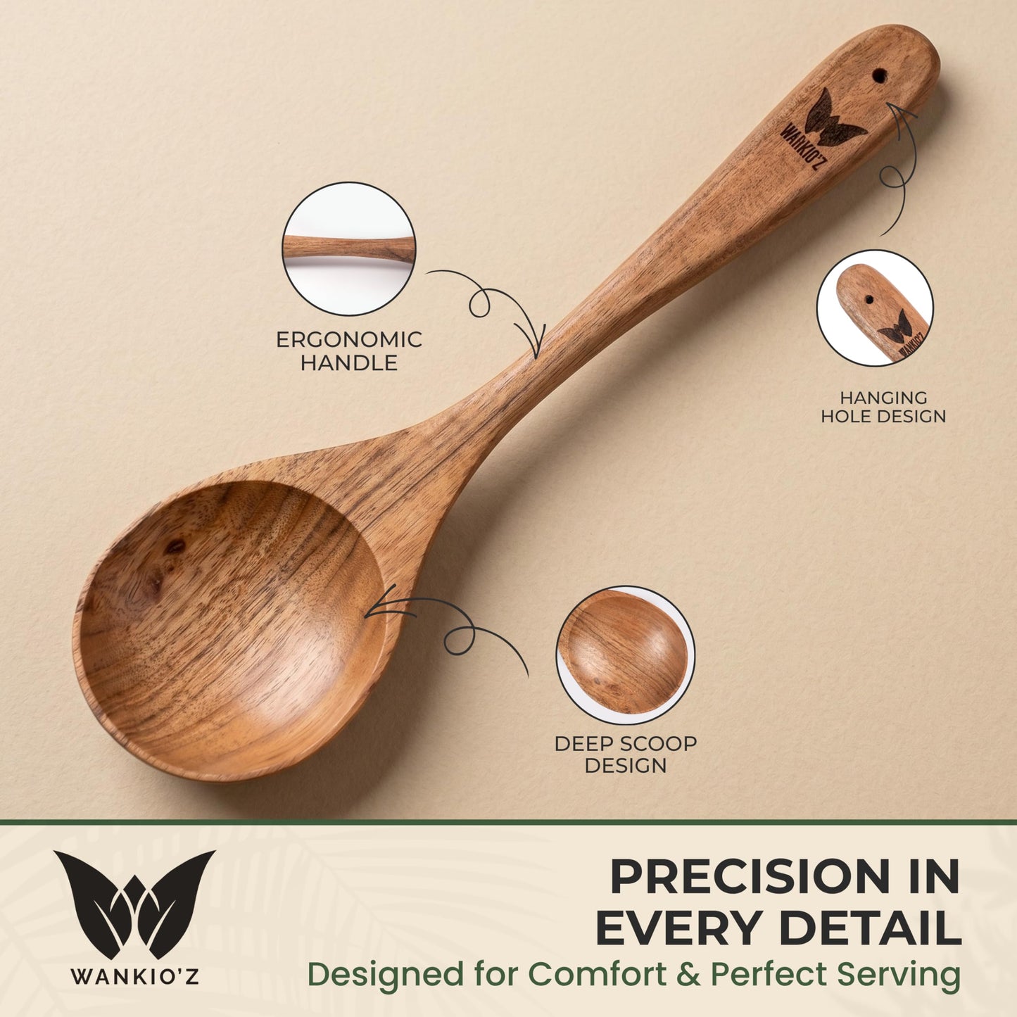 WANKIO'Z Acacia Wood Cooking Spoon – 12" Handcrafted Wooden Serving Spoon | Deep Bowl Design | Safe for Nonstick Cookware | Ergonomic Handle | Natural Kitchen Utensil