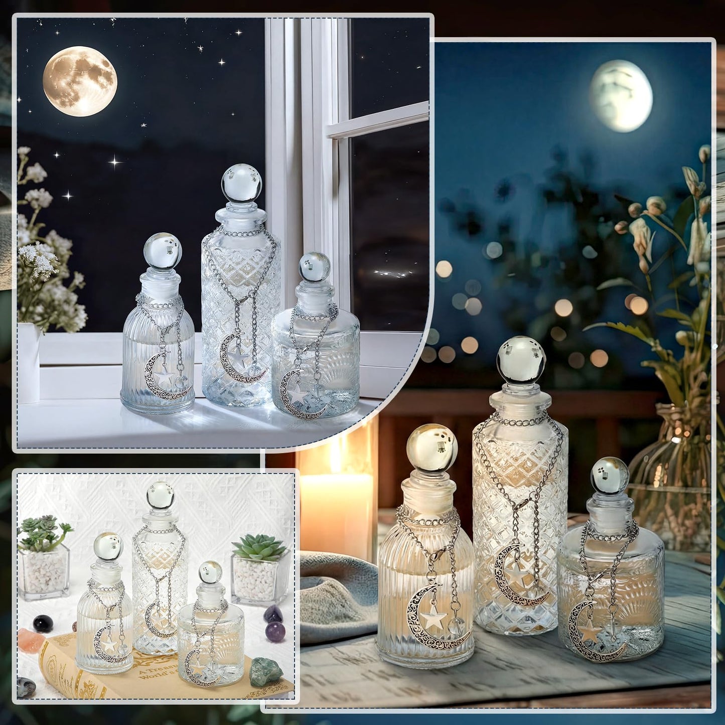 Potchen 3 Pcs Moon Energy Glass Bottle with 3 Lunar Star Spiritual Moonlight Water Jar Chain Charging Container with Lid for Infusing Intentions Crystal Cleansing Meditation Witchcraft Home(Clear)