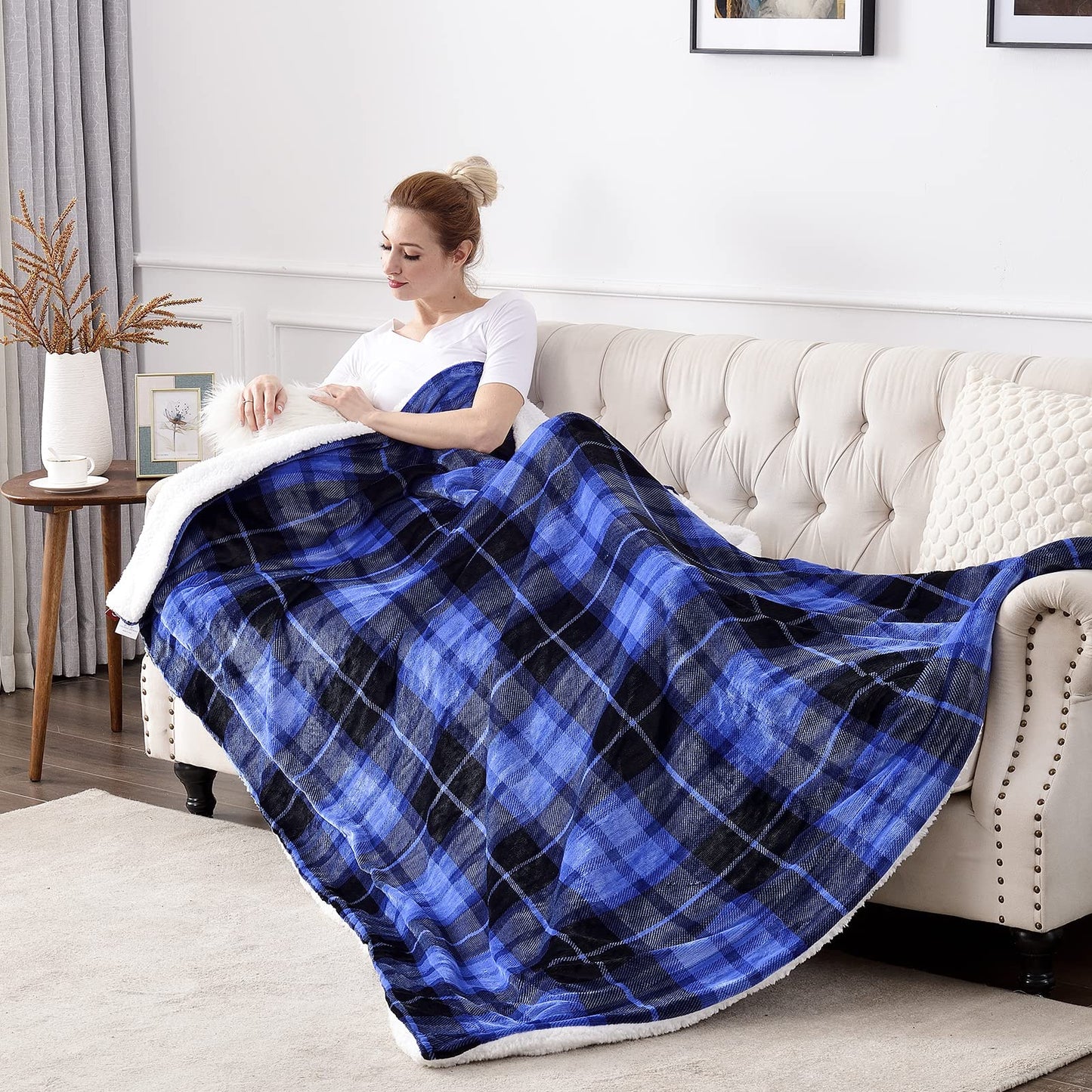 SOCHOW Sherpa Plaid Fleece Throw Blanket, Double-Sided Super Soft Luxurious Bedding Blanket 127cm×150cm, Blue