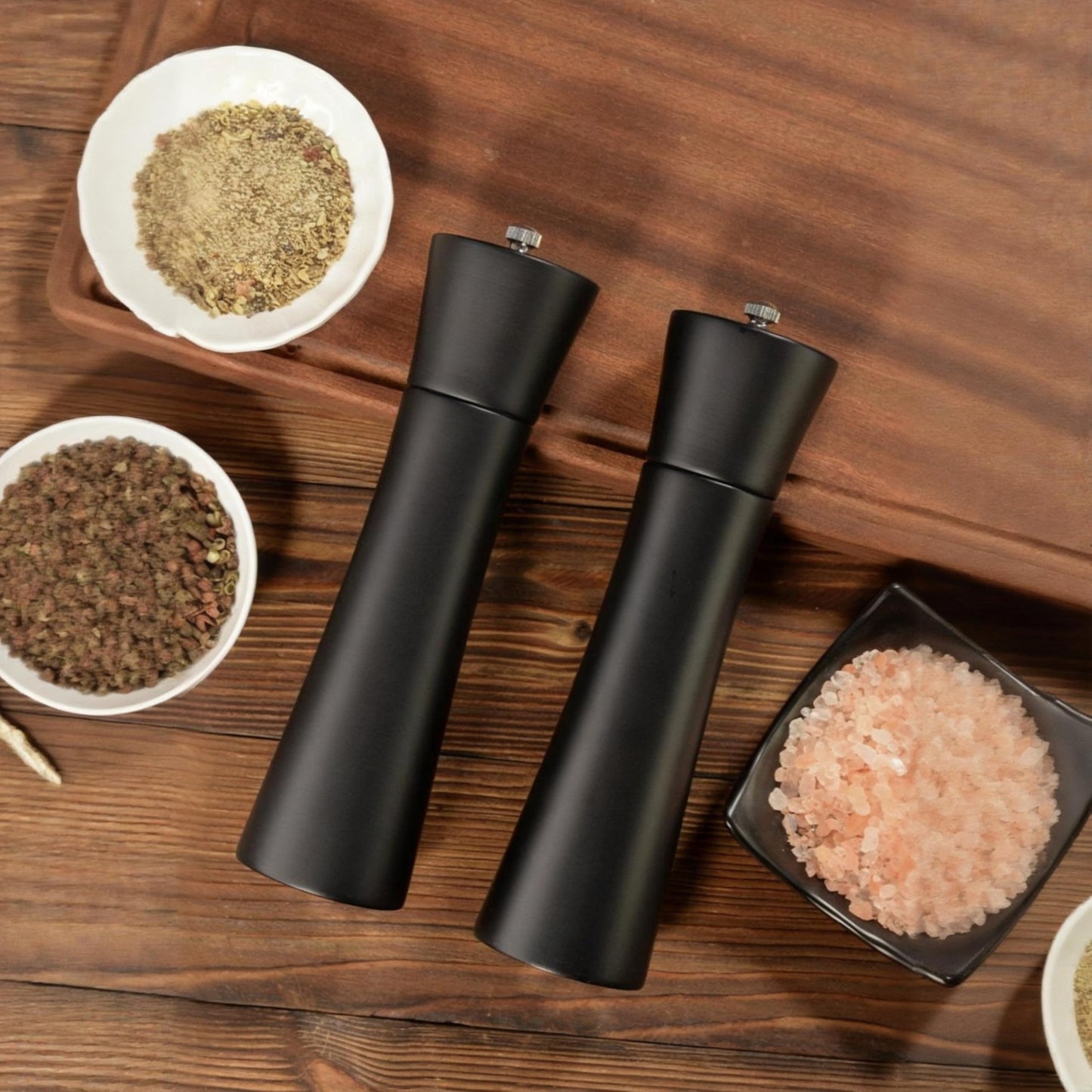 Black Salt and Pepper Mill Set with Stand, 8.5 inch, Matte Black Grinders, Adjustable Ceramic Mechanism