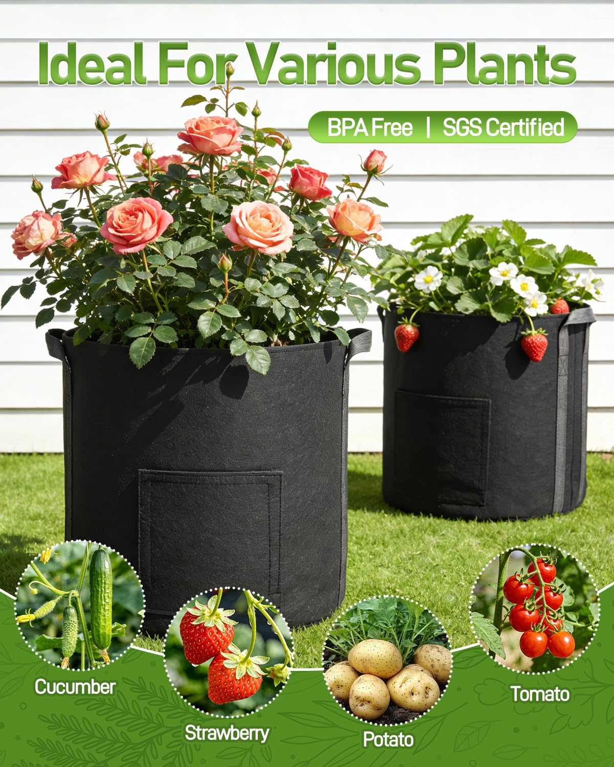joyhalo 15 Gallon Potato Grow Bags, 4 Pack Planter Pot with Handles, Nonwoven Fabric Pots with Harvest Window & Visible Window, Heavy-Duty Planting Bags for Vegetable & Fruit, 5-Color Plant Labels