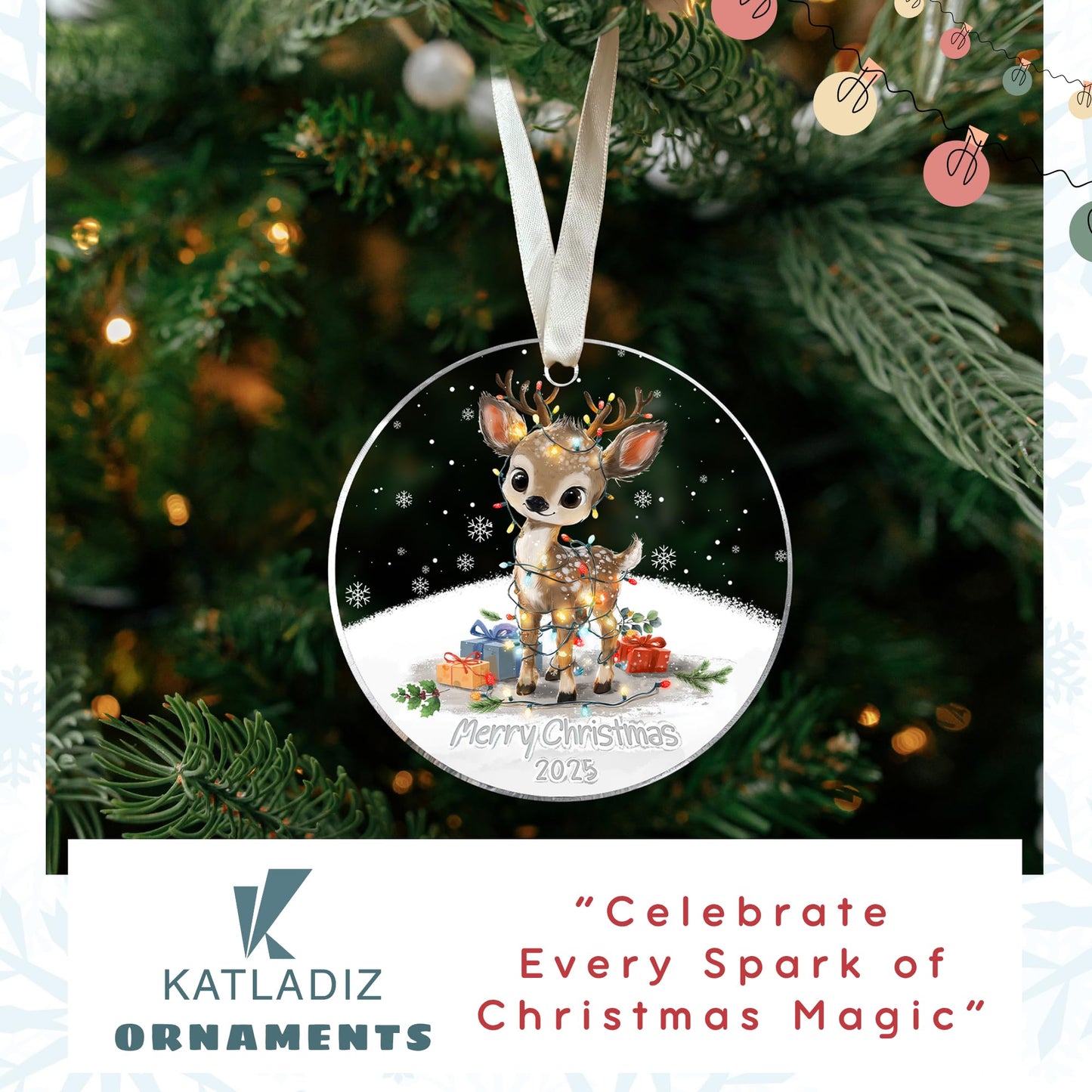 KATLADIZ Reindeer Ornaments - Reindeer Christmas Ornaments - Cute Reindeers Christmas Ornament - Animals Gifts for Reindeers Lovers, Women, Men - Acrylic Ornament 2025
