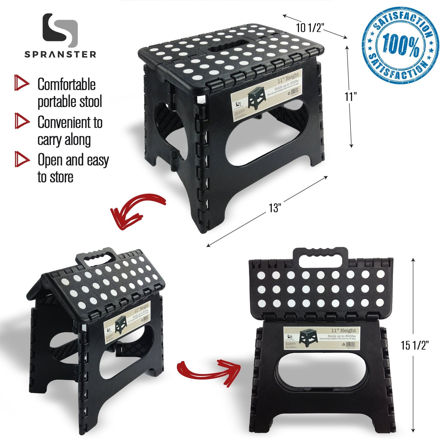 Spranster Super Strong Folding Step Stool - 11" - Sturdy Enough to Hold 300 Lb - Lightweight Foldable Step Stool for Adults and Kids - Opens with one Flip - Great for Kitchen, Bathroom and Bedroom