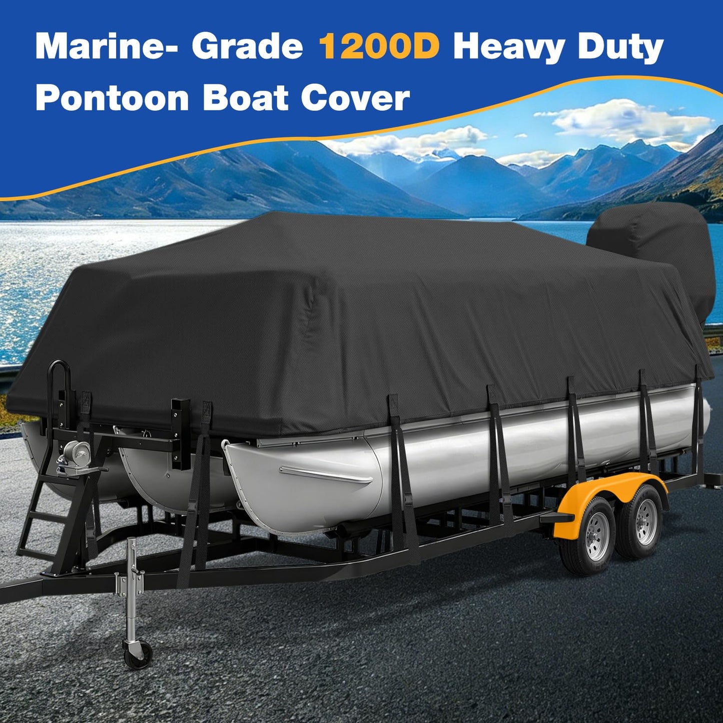 YimSting Pontoon Boat Cover 24-27 ft, 1200D Heavy Duty Waterproof Pontoon Cover with 18 Straps, Elastic Hem & Motor Cover, Fits 24 ft 25 ft 26 ft 27 ft Pontoon Boats Up to 8.5 ft Beam, Black
