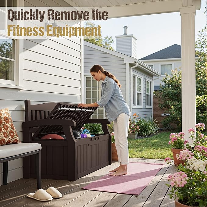 80-Gallon Outdoor Storage Bench, Waterproof Deck Box with Lockable Lid & Armrests for Patio, Garden, Pool, Brown