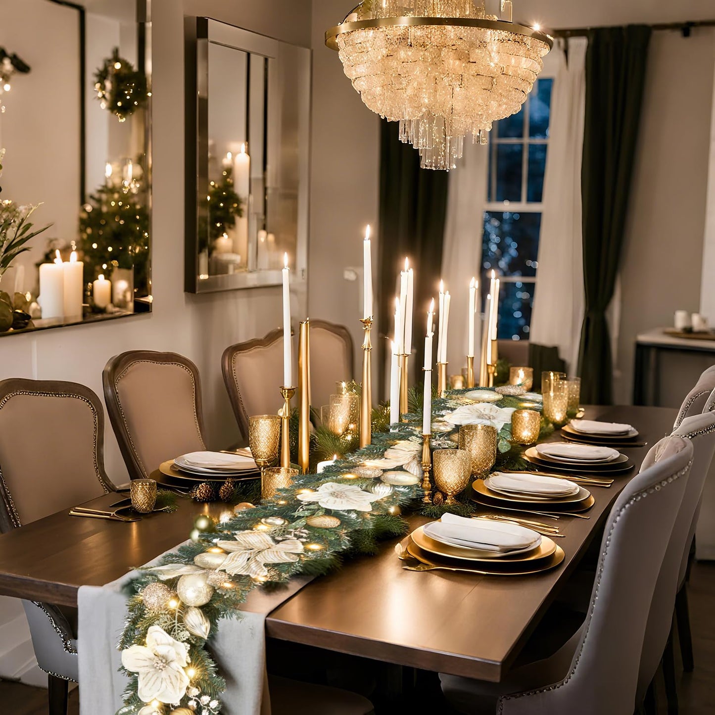 6ft White and Gold Christmas Garland with 25 LED Lights with Timer, prelit champgn Gold Garland with Magnolia and Plenty Ornament,Festive Lighted Decor for Front Door, Mantel, Stair & Fireplace