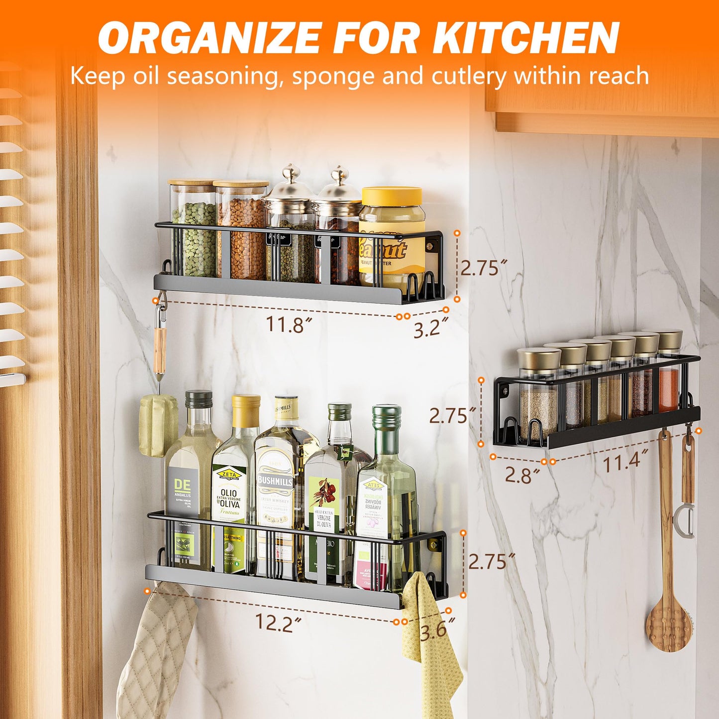 Bunoxea Spice Rack Wall Mounted 3 Pack, Space-Saving Spice Organizer for Spice Jars and Seasonings,Screw or Adhesive Hanging Spice Rack Organizer for Your Kitchen Cabinet,or Pantry Door