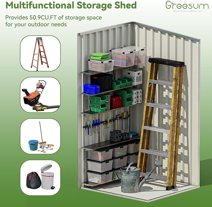Greesum 3x3FT Outdoor Storage Shed, Small Metal Storaged Sheds with Lockable Doors, Sheds & Outdoor Storage for Backyard, Pool and Garden, Gray