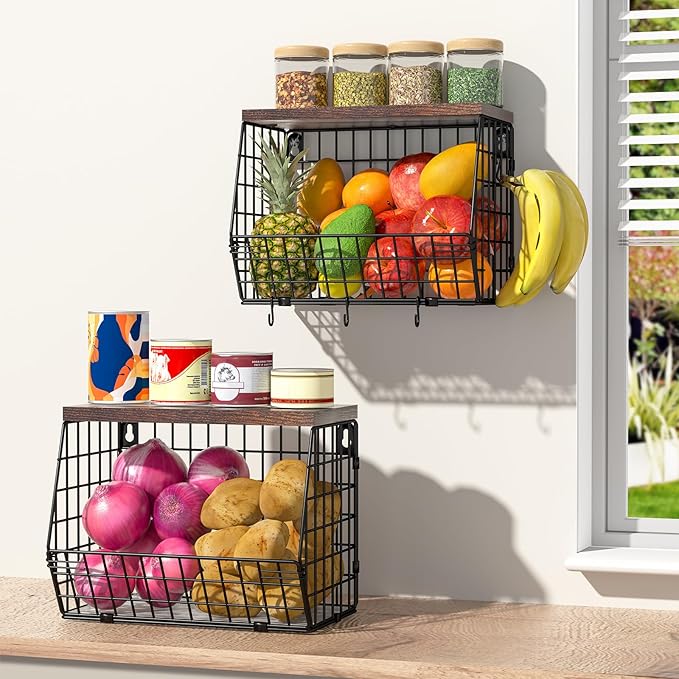 Fruit Bowl for Kitchen Counter Stackable Wall Mounted Hanging Basket Wire Basket