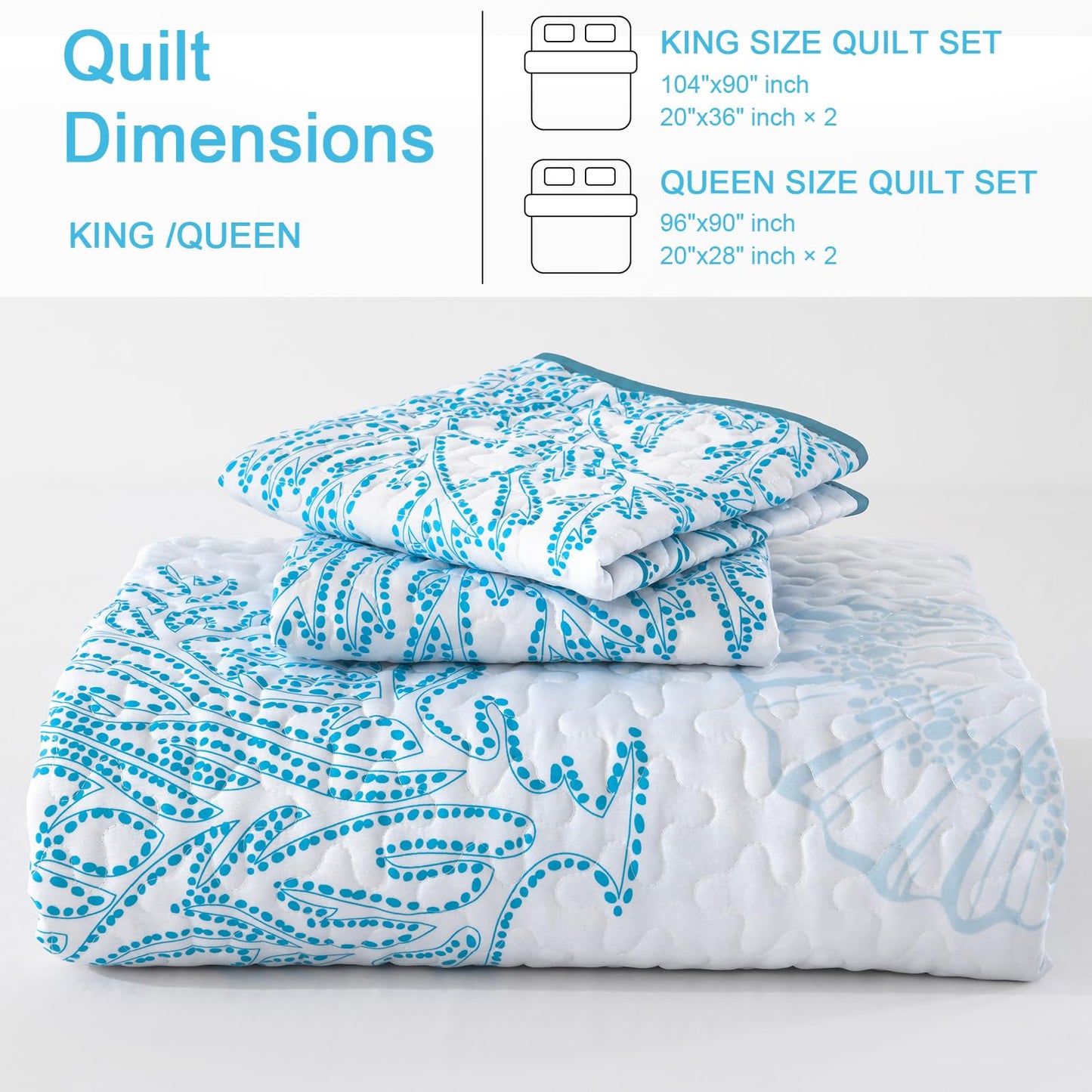 DJY Ocean Coastal Quilt Sets Queen Size,Reversible Microfiber Quilts with 2 Shams Soft Lightweight Beach Bedding Green Nautical Bedspread Coverlet Summer Comforter Set for All Season,96"x90"