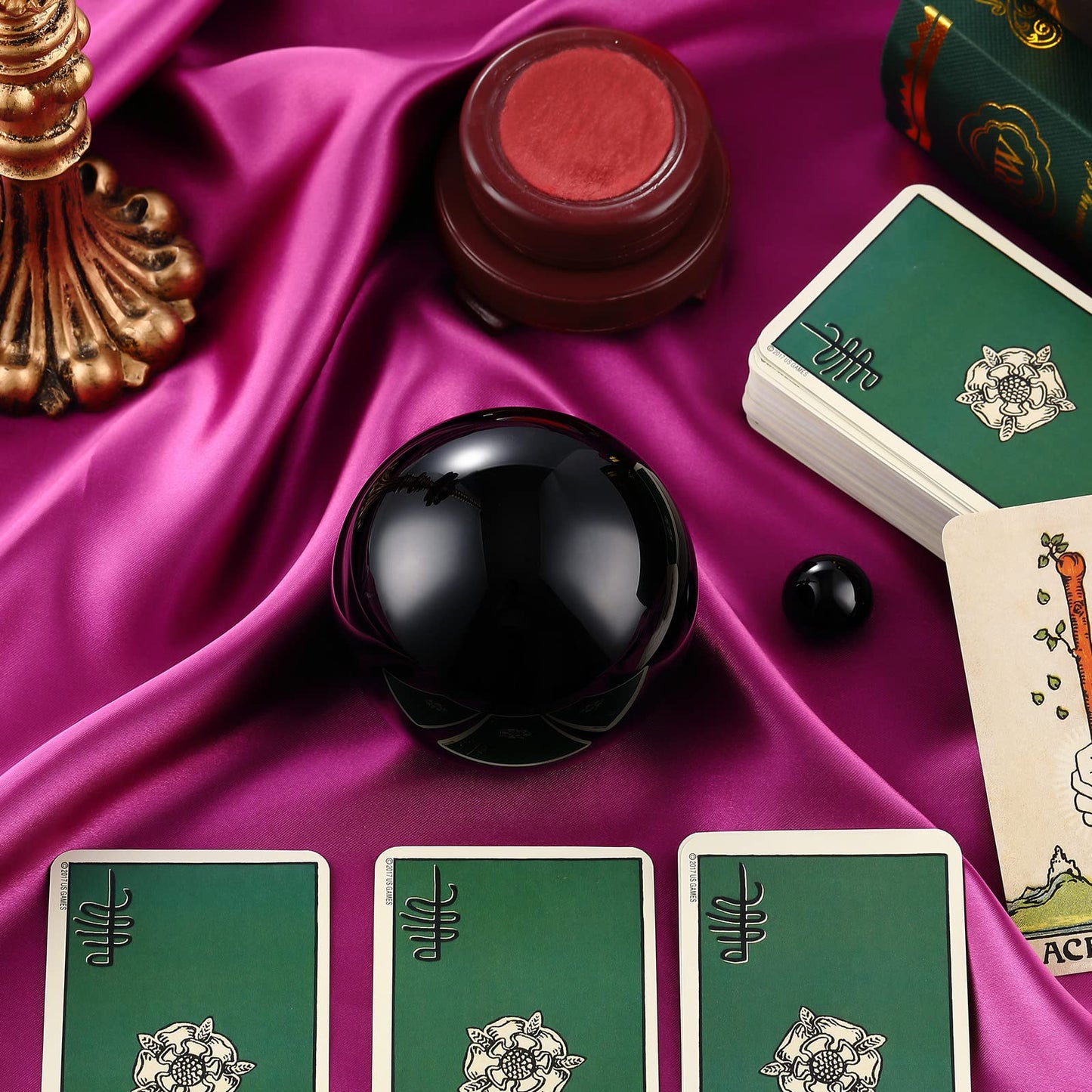 CHENGU 2 Pieces Obsidian Crystal Ball Set with Wooden Stand 80 mm and 20 mm Clear Crystal Ball Decorative Obsidian Sphere for Home Decorations Meditation Healing Witchcraft(Black)