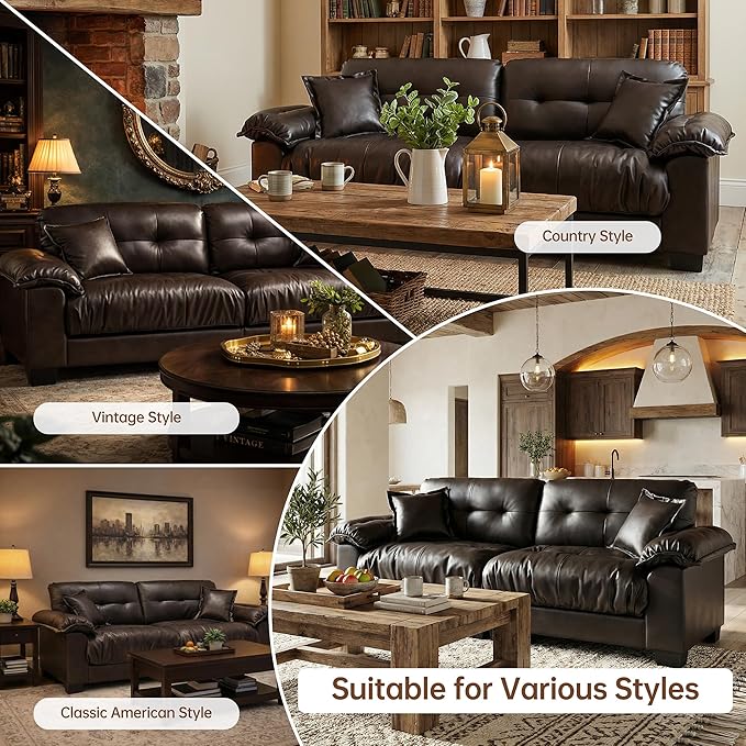 Faux Leather Sofa, Mid Century Modern Leather Upholstered Deep Loveseats