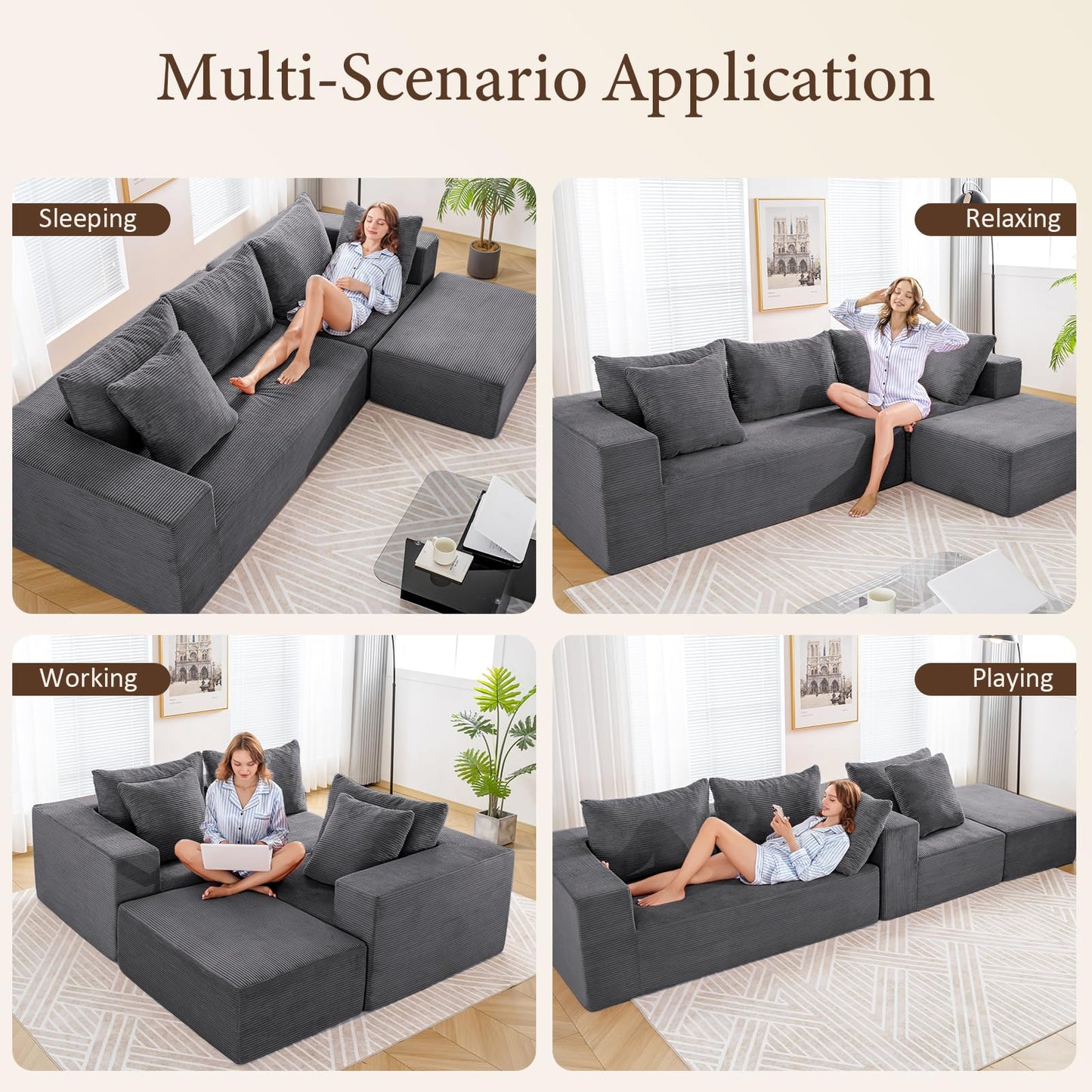 INGEROOM 108" Cloud Sectional Couch with L-Shape Chaise, Modular Sofa Memory Foam, Boneless Sofa with Movable Ottoman, Upholstered Couches for Living Room Bedroom, No Assembly Required, Dark Gray