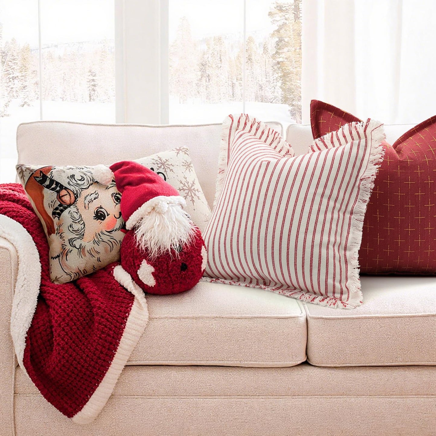 ZWJD Throw Christmas Pillow Covers 24x24 Set of 2 Striped Pillow Covers with Fringe Chic Cotton Decorative Pillows Square Cushion Covers for Sofa Couch Bed Living Room Farmhouse Decor