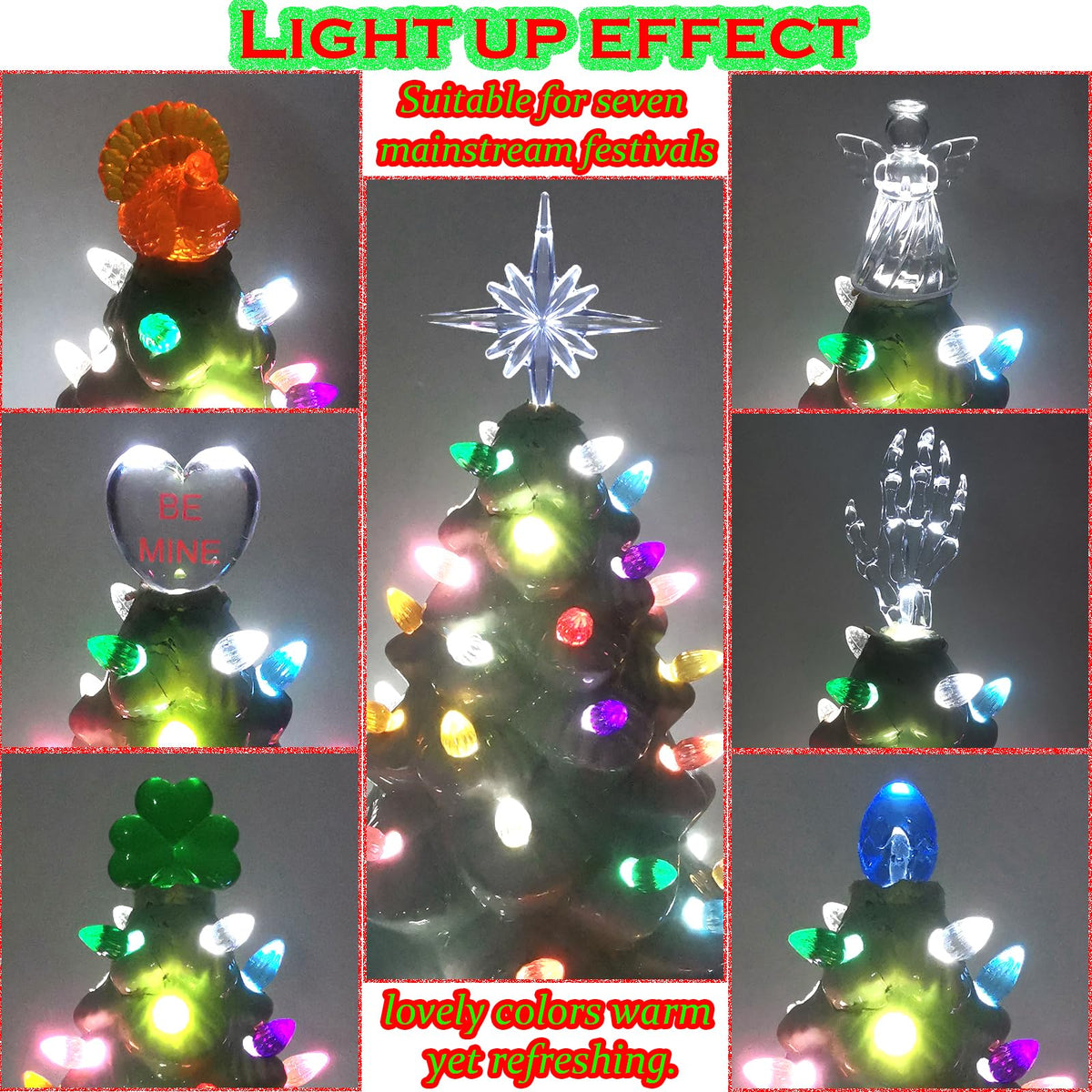 110Pcs in 10 Colors Ceramic Christmas Tree Replacement Lights - Plastic Bulbs Pegs, Included Angel Topper/Heart Top/Cross Stars/Egg/Turkey/Skeleton Hand/Clover.