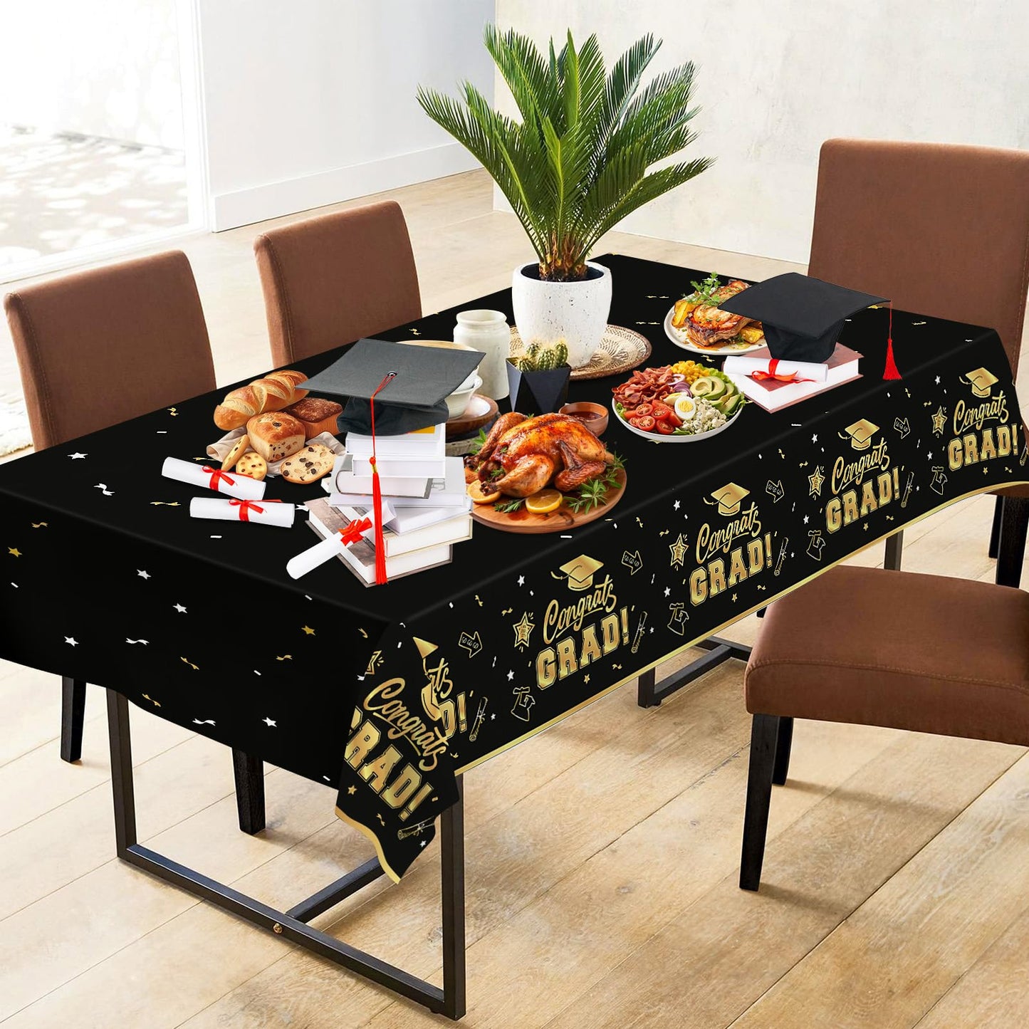 2 Pack Graduation Tablecloth - Congrats Grad Table Cloths, Plastic Disposable Rectangle Black Gold Class of 2025 Table Cover for Graduation Tables Decorations Party Decor Supplies Favors,108 x 54 Inch