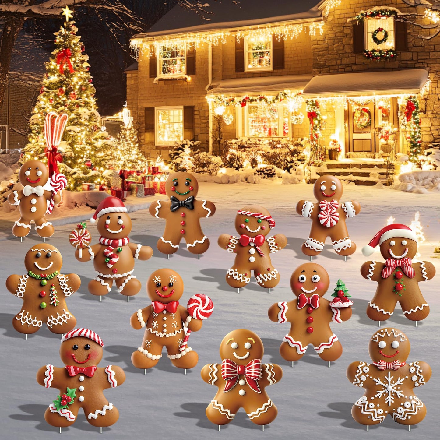 12 Pcs Christmas Gingerbread Man Yard Signs with Stakes - Xmas Gingerbread Yard Stakes Lawn Signs for Christmas Holiday Pathway Garden Patio Party Favors