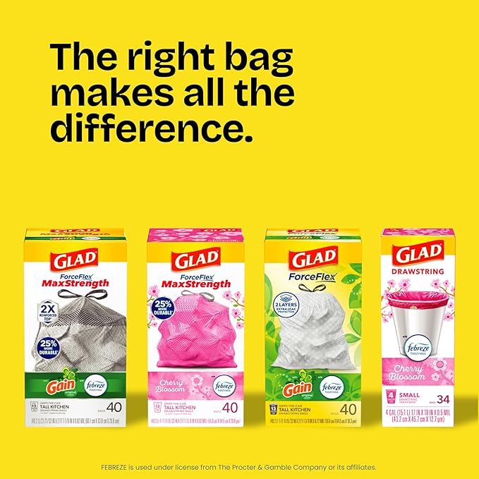 Glad ForceFlex Tall Kitchen Drawstring Trash Bags, 13 Gal, Fragrance Free