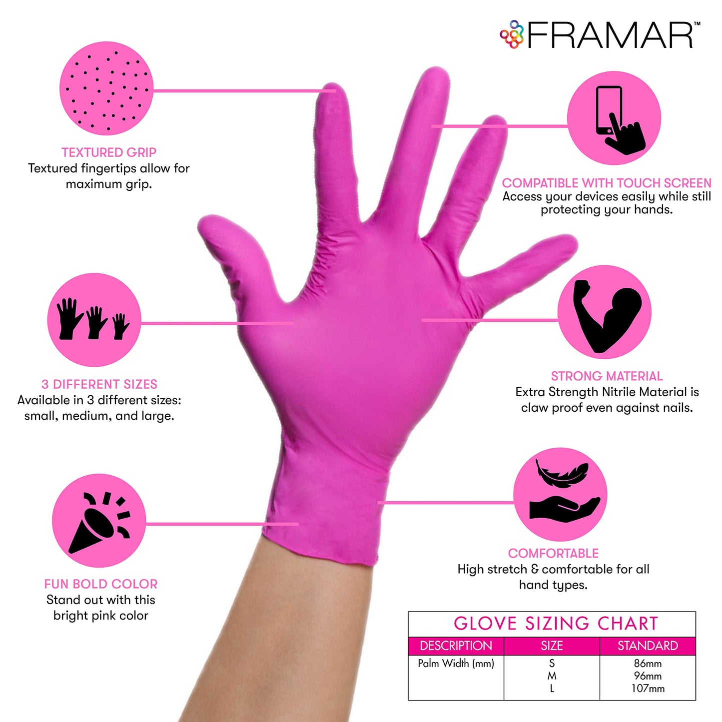 FRAMAR Pink Gloves Disposable Medium – Powder Free Nitrile, Latex Free Gloves Medium Disposable For Hair Dye, Tattoo, Cleaning – Extra Durable and Resistant – 100 Pack
