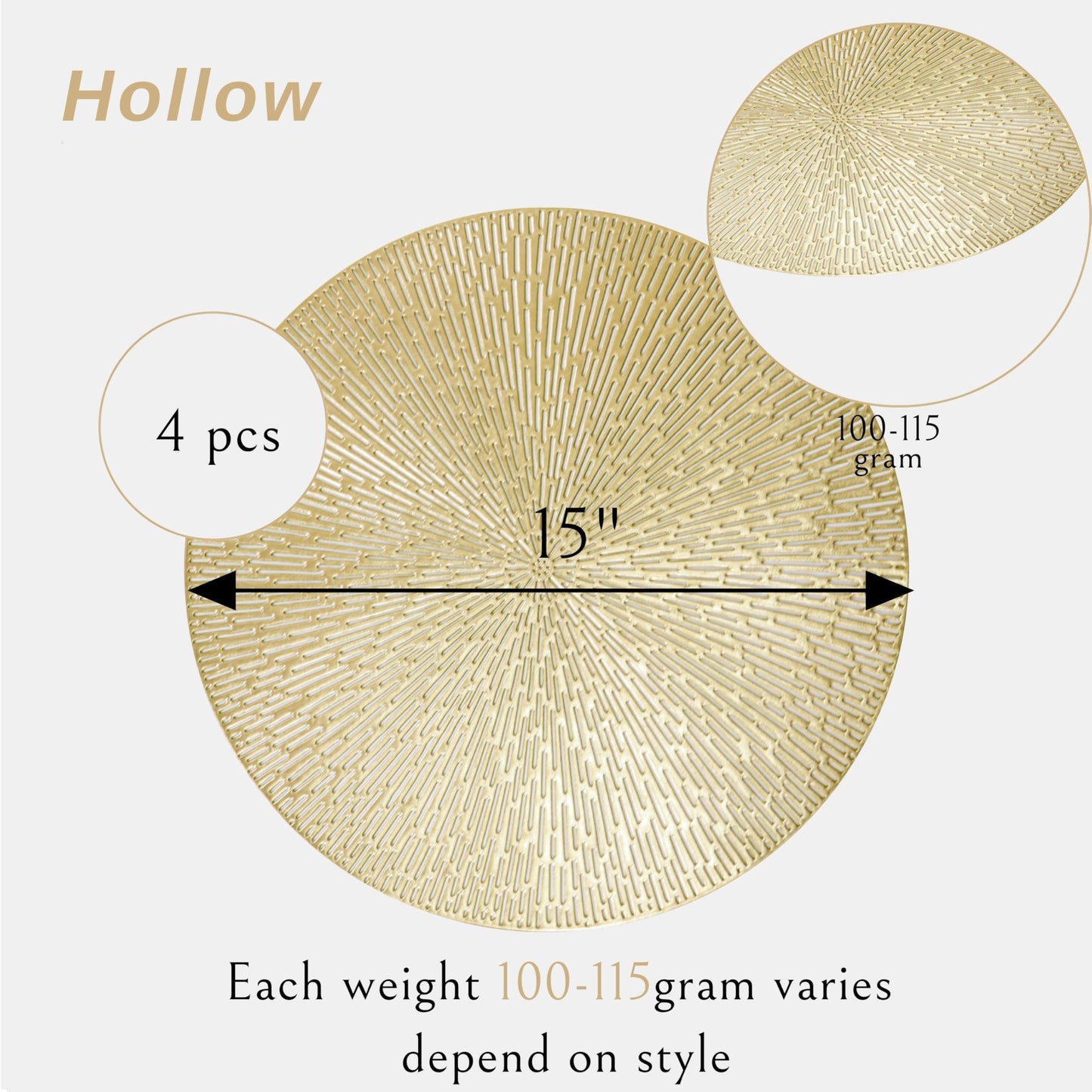 Snowkingdom Gold Round Placemats Set of 4, Golden Vinyl Metallic Hollow 15 Inch Place mats, Washable Easy Clean Wipeable Non Slip Stain Heat Resistant Dining Table Mats for Wedding Party Decoration