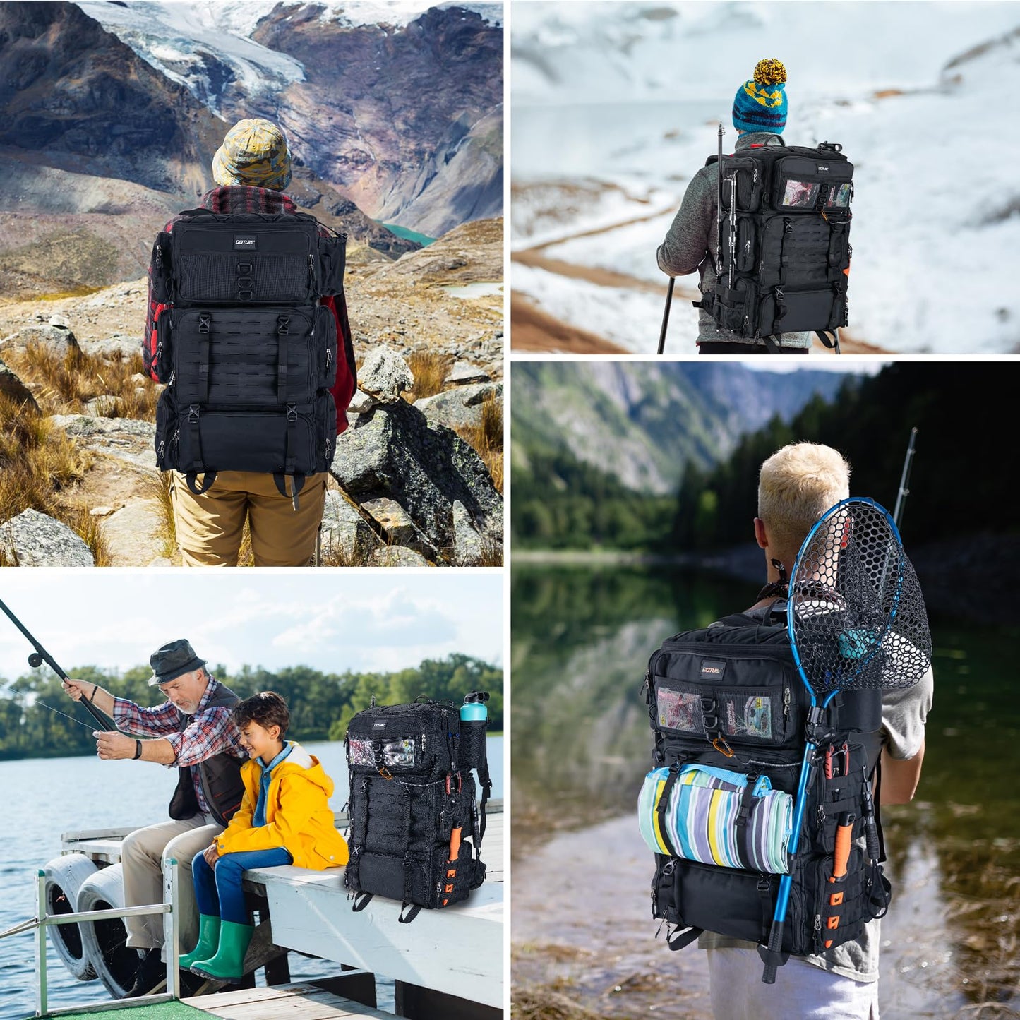 Goture Fishing Backpack with Cooler,72L Large 600D Tackle Backpack with Rod Holders,Dry & Wet Split Compartment,Adjustable Main Compartment,Rain Cover,Insulated Tactical Bag for Travel Camping Hiking