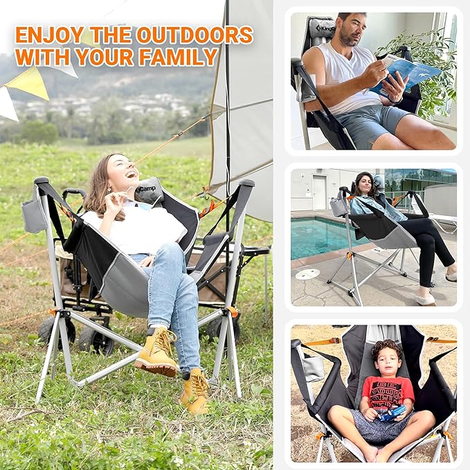 KingCamp Hammock Chair with Footrest – Heavy Duty Swinging Rocking Camping Chairs for Adults up to 400lbs, Folding Portable Oversized Rocker with Cup Holder & Pillow for Outdoor Beach Lawn RV Sports