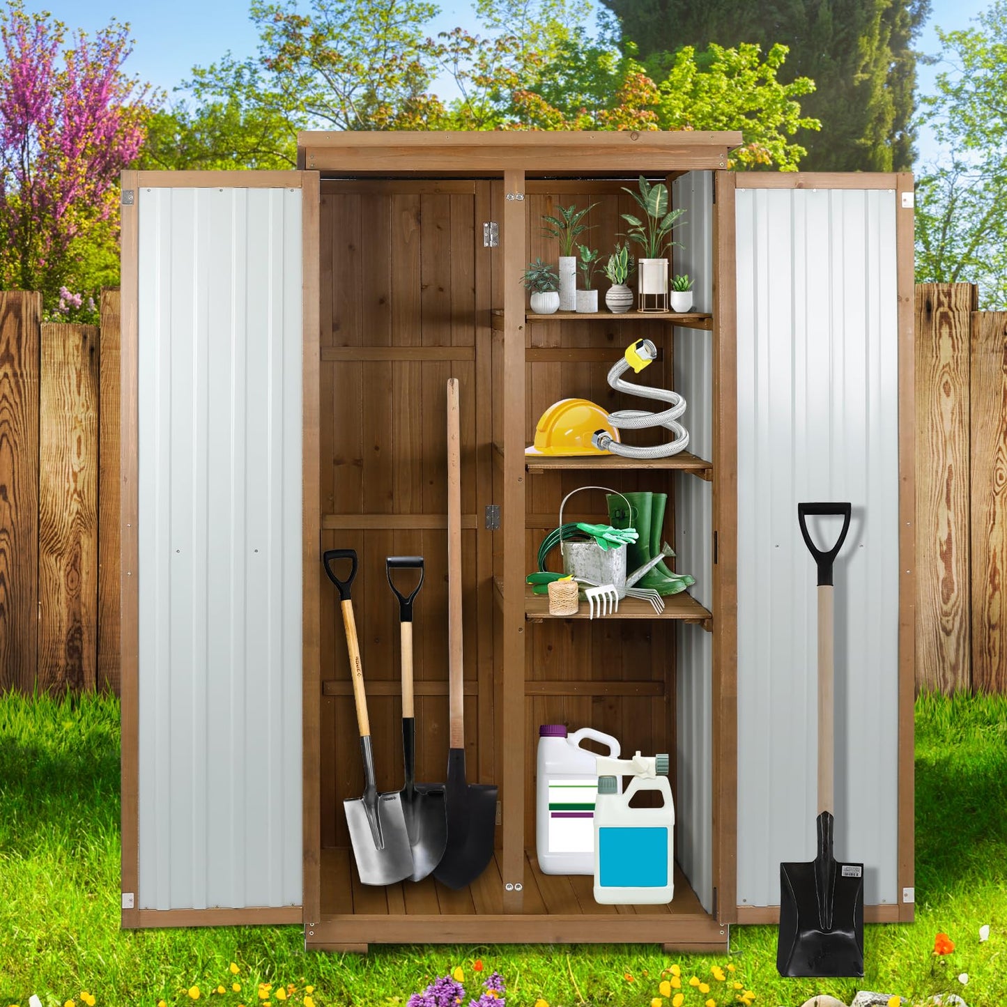 Ketive Outdoor Storage Cabinet, Tall Tool Garden Cabinet with Weather-Resistant Roof, Double Lockable Doors, 3 Removable Shelves & Adjustable Feet, for Patio, Garden, Backyard, 32" x 15.5" x 66"