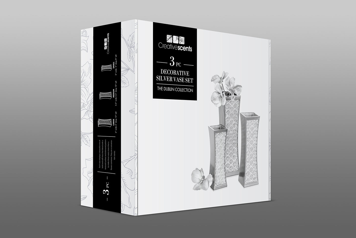 Creative Scents Dublin Silver Vases Set of 3 - Centerpieces for Dining Room Table, Decorative Vases Home Decor Accents for Living Room, Bedroom, Kitchen, Coffee Table Decor - Packaged in Gift Box