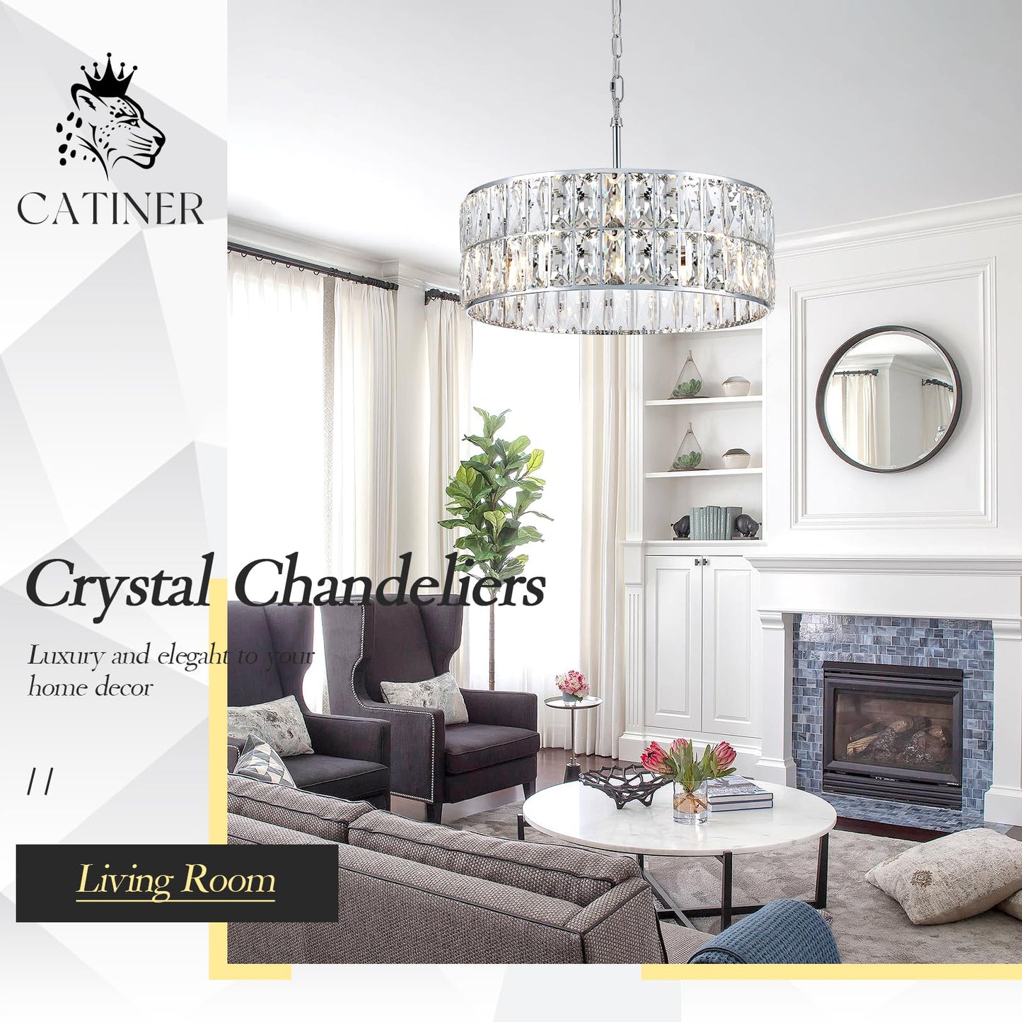 CATINER Modern Crystal Chandelier 18”Chrome Semi Flush Mount Ceiling Light Fixtures 6-Lights Drum Crystal Pendant Lighting for Dining Room Foyer Bedroom Living Room