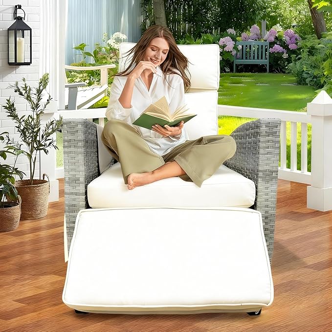 Outdoor Wicker Recliner Chair, 145° Patio Lounge Chair with 4" Cushion, Adjustable Backrest & Footrest, Flip-up Table & Side Pocket for Backyard, Deck, Balcony, Terrace, Poolside