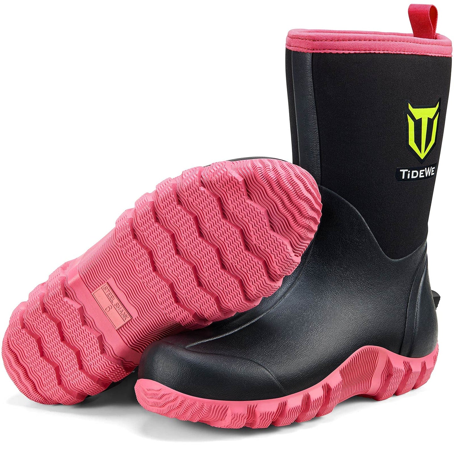 TIDEWE Rubber Boots for Women, 5.5mm Neoprene Insulated Rain Boots with Steel Shank, Waterproof Mid Calf Hunting Boots, Sturdy Rubber Work Boots for Farming Gardening Fishing (Black Size 6)