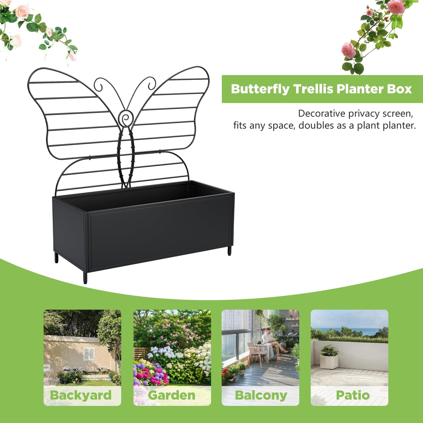 Zyphorinth Metal Planter Box with Trellis, Raised Garden Bed for Climbing Plants, Vegetables, Vines, Privacy Planters for Patio with Drainage Holes, Black- Butterfly-Shaped