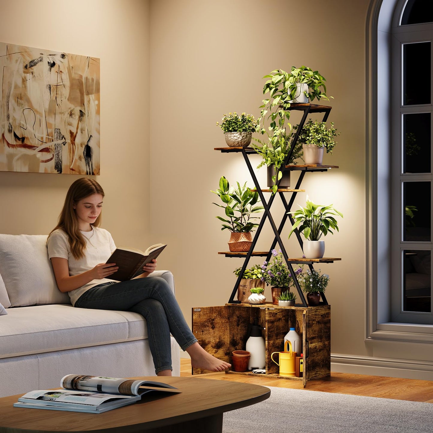 MemoCastle Plant Stand Indoor with Grow Lights, 7 Tiered Plant Shelf with Storage Cabinet, 59.5" Tall Corner Plant Stands for Indoor Plants, Metal Flower Display Rack for Living Room, Patio