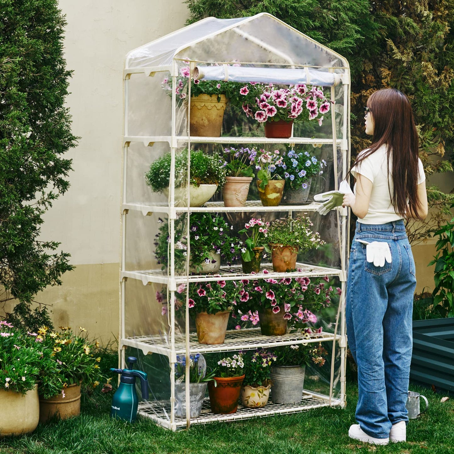 Purlyu Garden 50% Extra Wide Mini Greenhouse 5 Tier Portable Plant Green House 40 in Wide -Sturdy Gardening Shelves with PE Cover & Roll-Up Zipper Door-19″W. x 40″L. x63″H(PLGH1005OWP)
