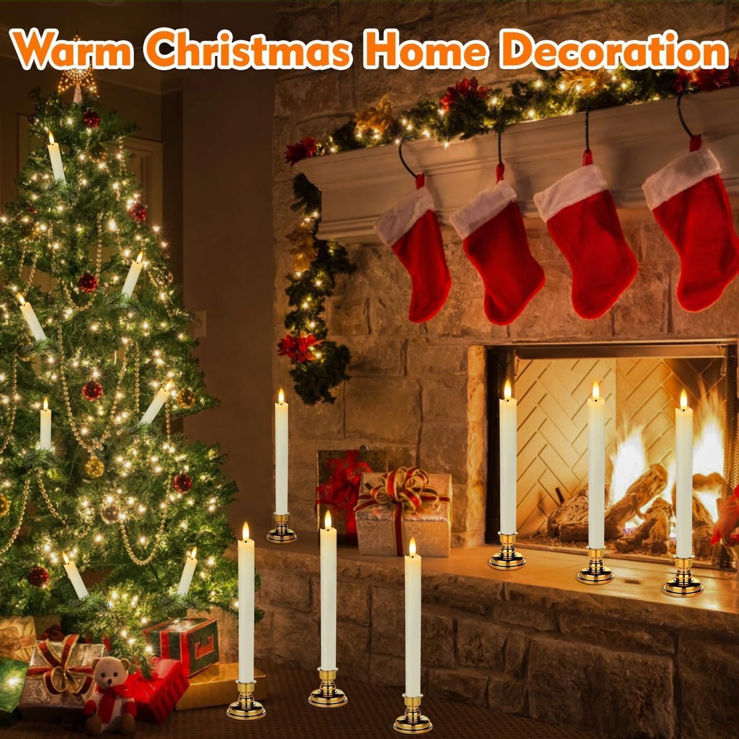 HINZER 6 Pcs Flameless Taper Candles with Remote & Timer 9.6 inch Real Wax Battery Operated LED Warm 3D Wick Flickering Window Candles for Halloween Christmas Wedding Decor, Ivory