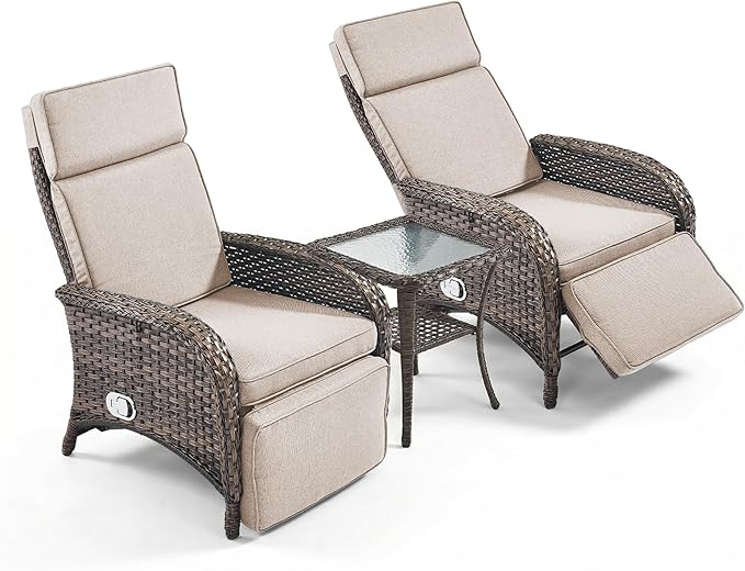 3 Pieces Zero Gravity Wicker Patio Recliner Chairs Set of 2 - Wicker Outdoor Lounge Chair with Side Table, Adjustable Backrest & Footrest, High Back Outdoor Recliner Chair for Pool Deck Beige
