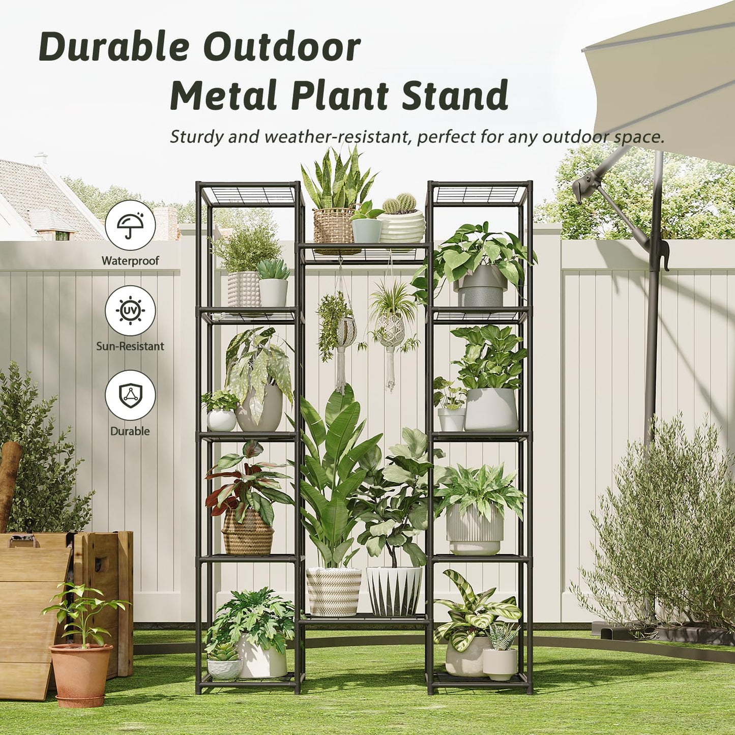 GENTINGBRO Metal Plant Stand Outdoor 62.2" Tall Plant Shelf for Plants 12 Pots Large Plant Sheves for Indoor Plants Living Room Heavy Duty Rack Garden Balcony Patio Hanging Planter