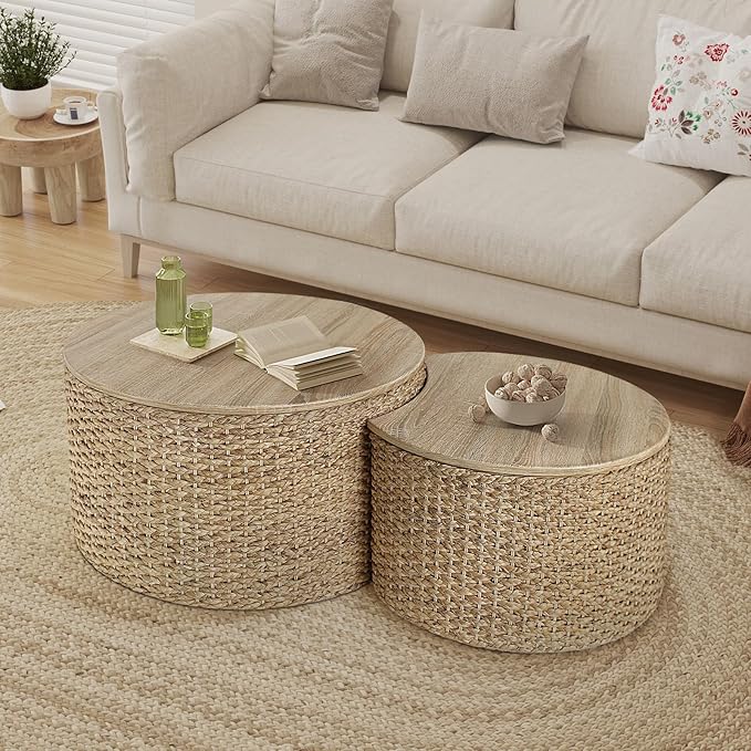 Nesting Coffee Table Set of 2, Rustic Crate and Barrel Coffee Table, Hand-Woven