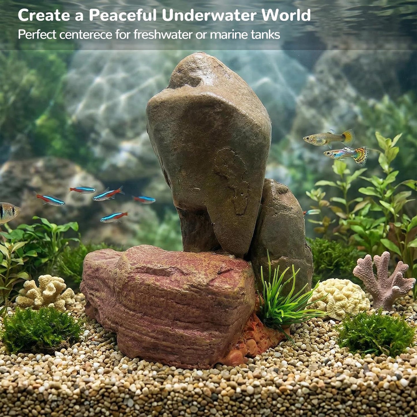 Mipukbay Medium Aquarium Decor Rock, Resin Fish Tank Artificial Stone Ornament for Freshwater/Saltwater, Safe Landscape Hideout for Betta Fish, Goldfish and Aquatic Pets