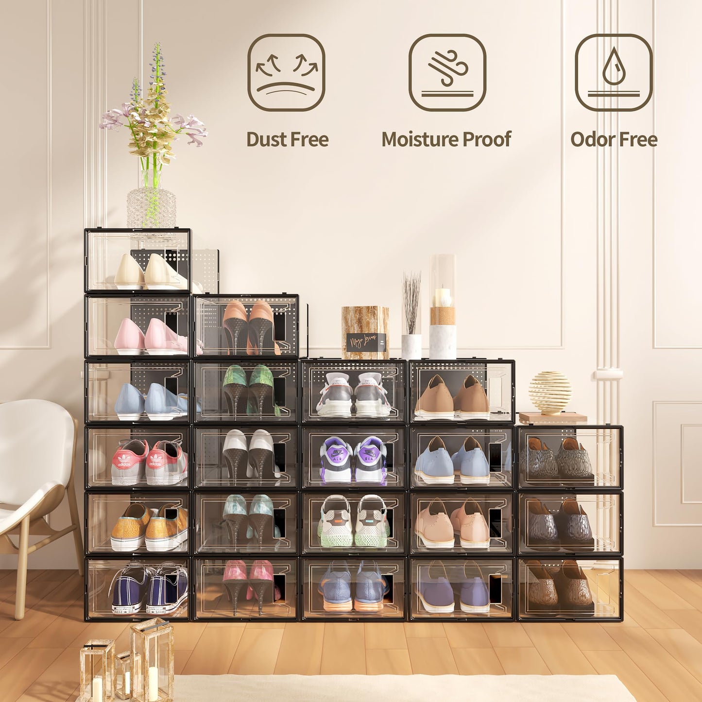 12 Pack Large Shoe Organizer Storage Boxes for Closet, Modular Space Saving Shoe Boxes Clear Plastic Stackable Sneaker Containers Display Case with Lids, Black