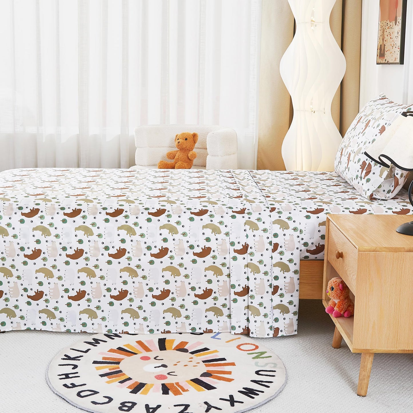 lasoftan Kids Sheet Set Twin Size, Twin Sheet Set with Forest Bear Pattern,Breathable Silky Soft Microfiber Kids Fitted Sheet