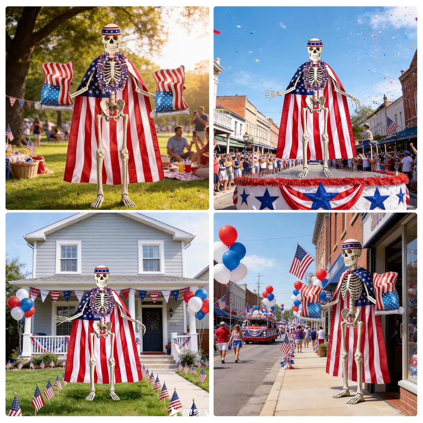 DECYOOL 4th of July 12ft Skeleton Cloth Set USA Flag Costume Patriotic Skeleton Outfits Accessories Cape Headband Balloon Scarf Flag Banner for Garden Lawn Patio Independence Day Decor