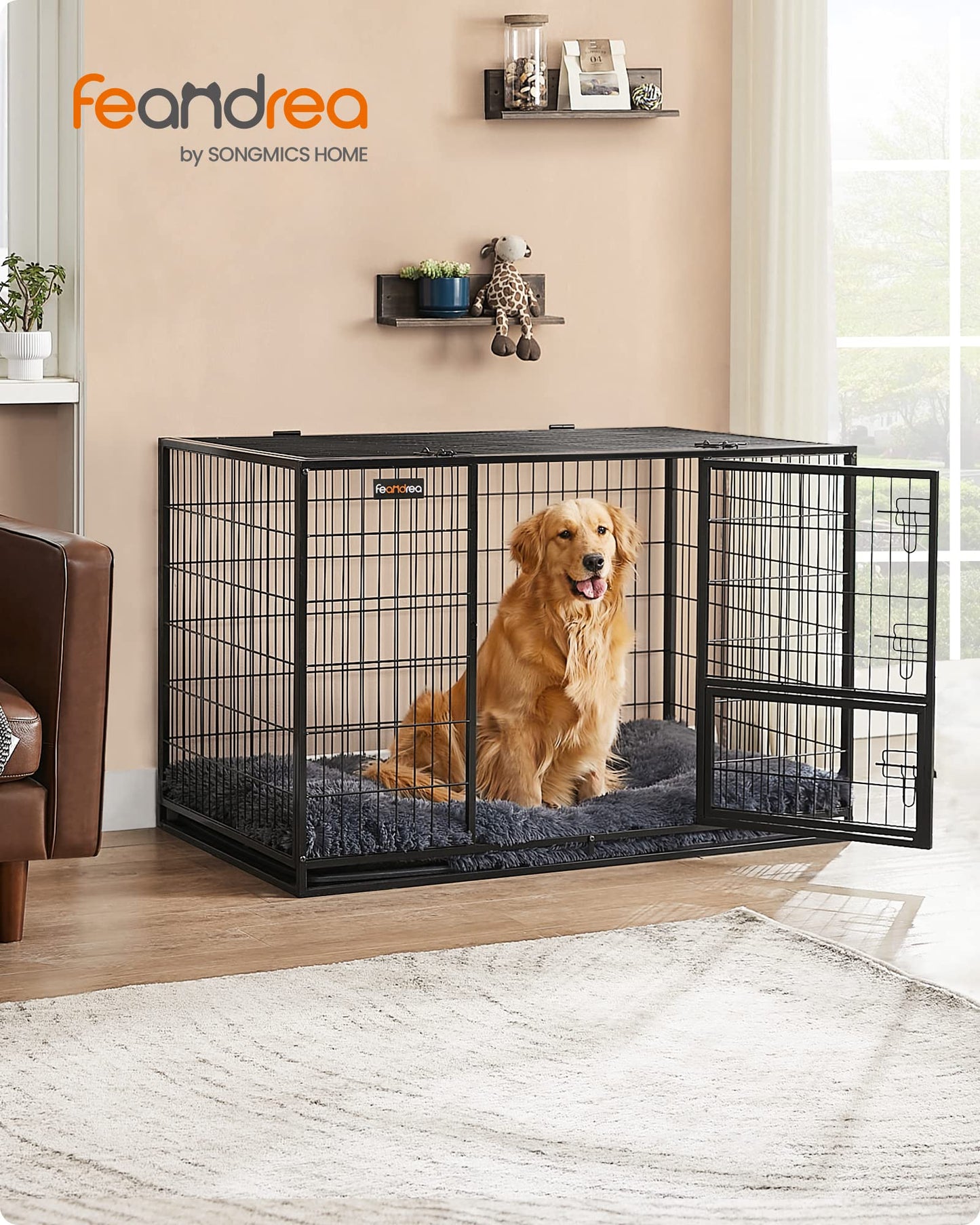 Feandrea Heavy-Duty Dog Crate, Dog Cage, 122 x 74.5 x 80.5 cm, for Medium and Large Dogs, Double Removable Door, Easy Cleaning, Pet Cage, XXL, Black PPD003B01